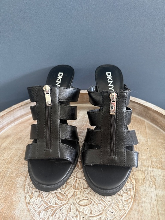 DKNY Black Strappy Zip Mule Heels - Picture 2 of 5